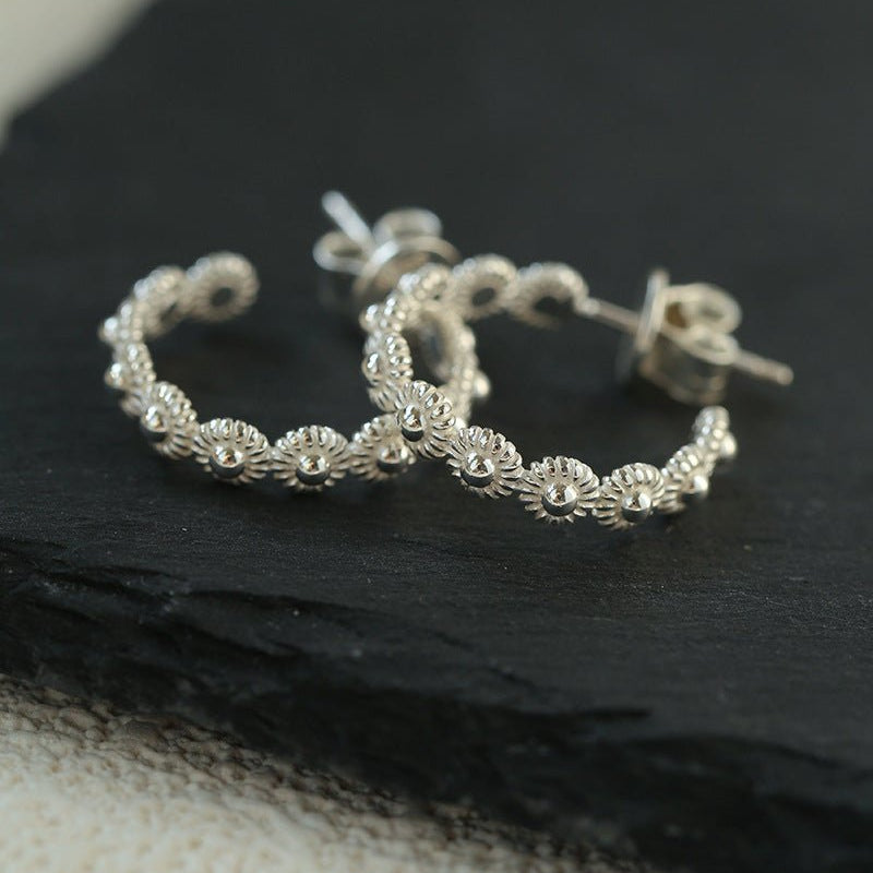 Sterling Silver Floral Hoop C - shaped Earrings - floysun