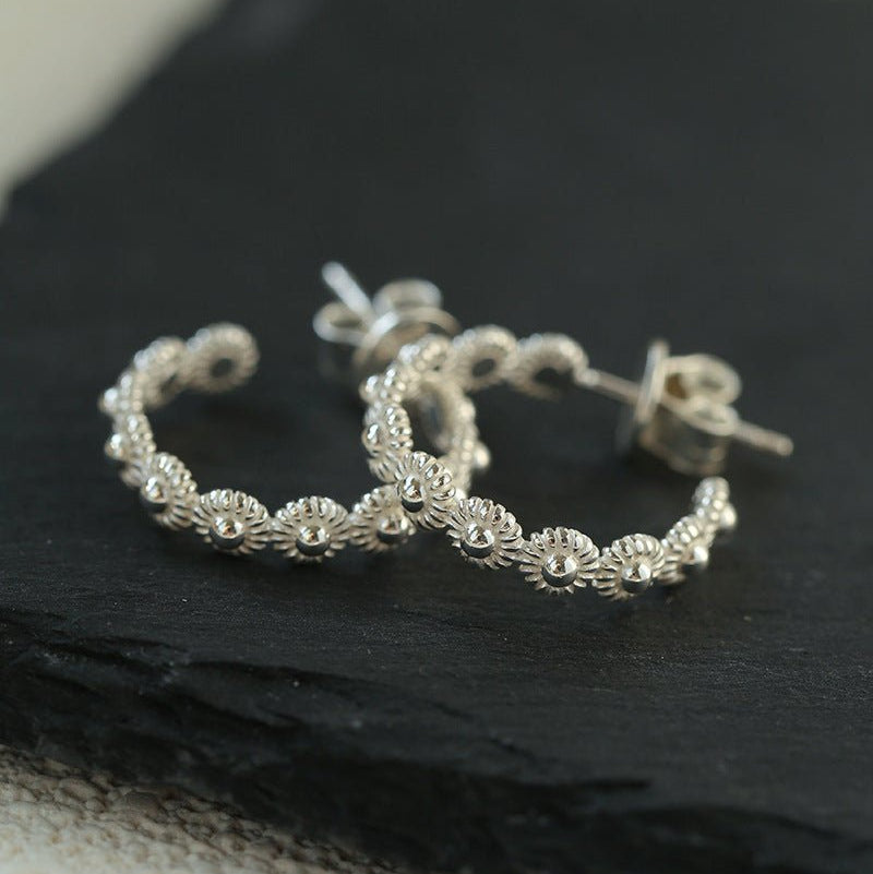 Sterling Silver Floral Hoop C - shaped Earrings - floysun