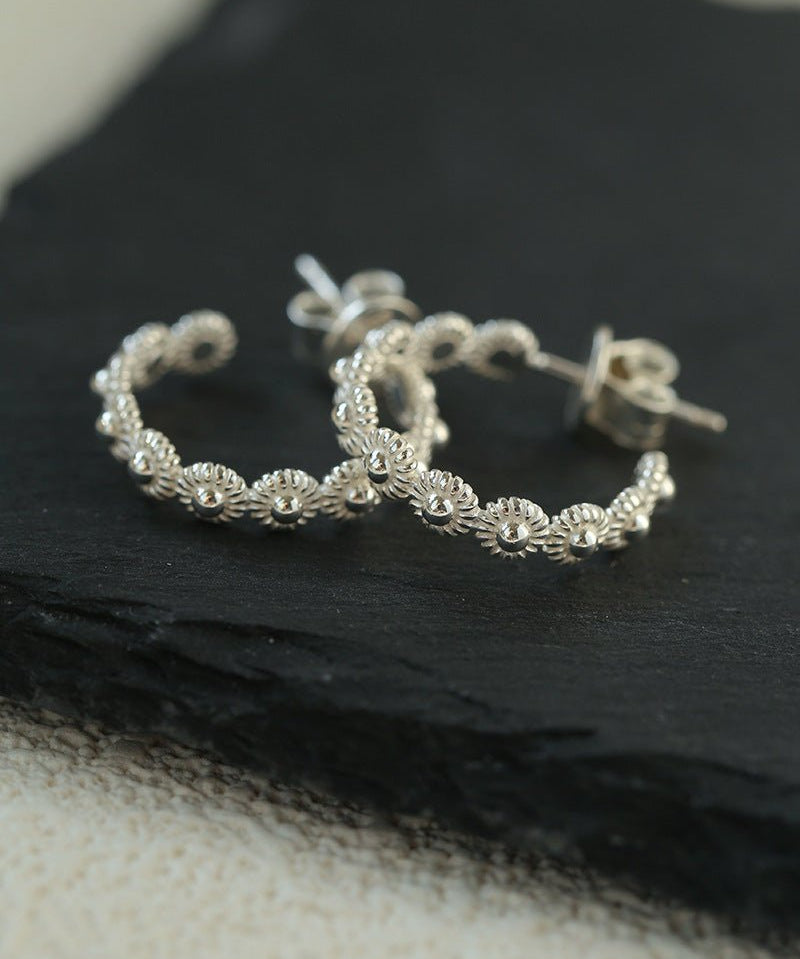 Sterling Silver Floral Hoop C - shaped Earrings - floysun