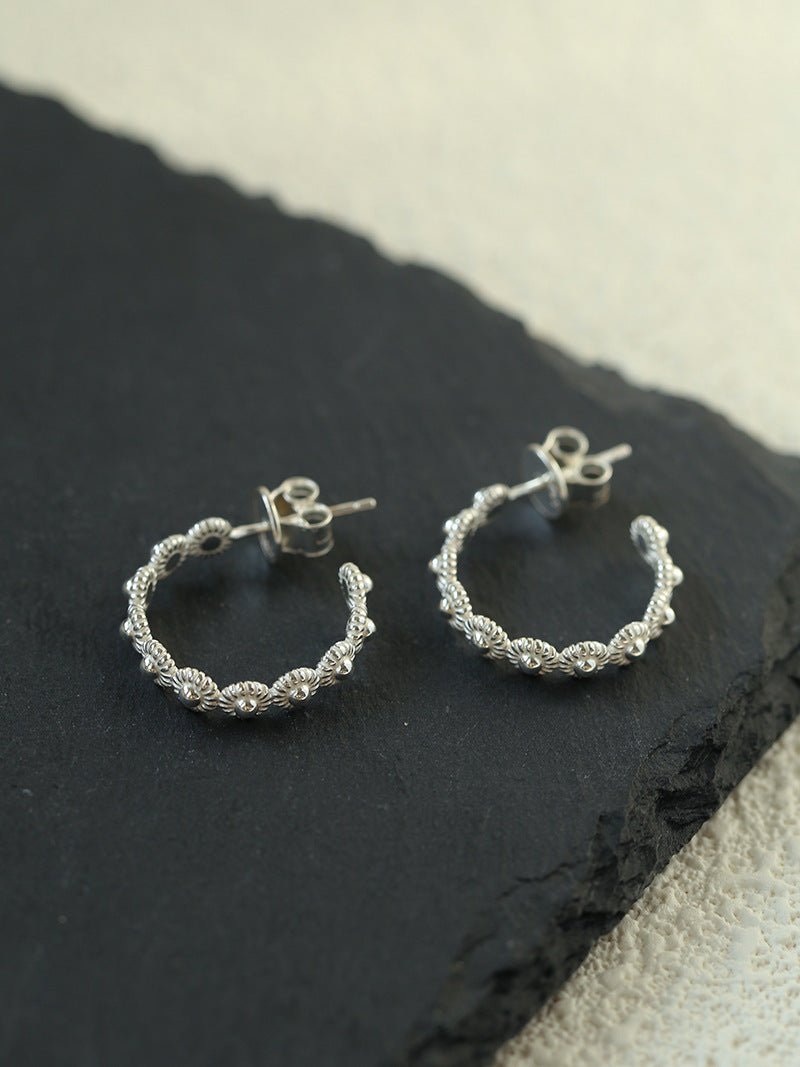 Sterling Silver Floral Hoop C - shaped Earrings - floysun