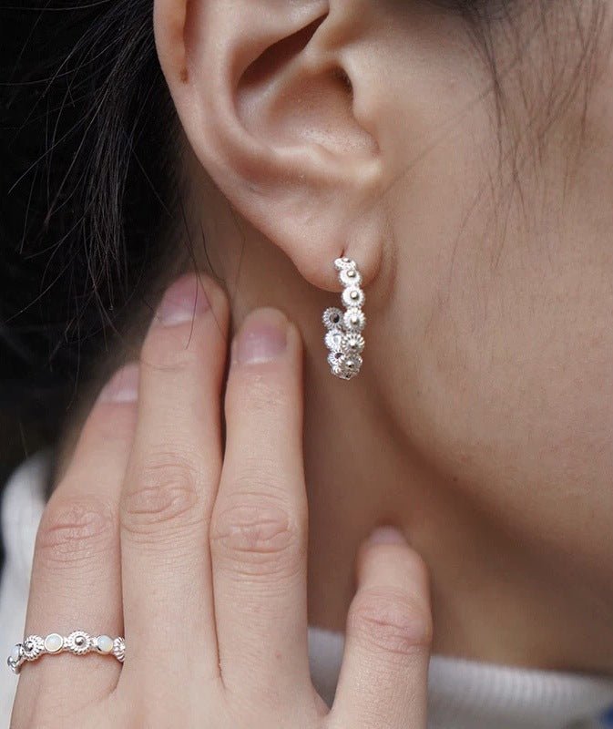 Sterling Silver Floral Hoop C - shaped Earrings - floysun