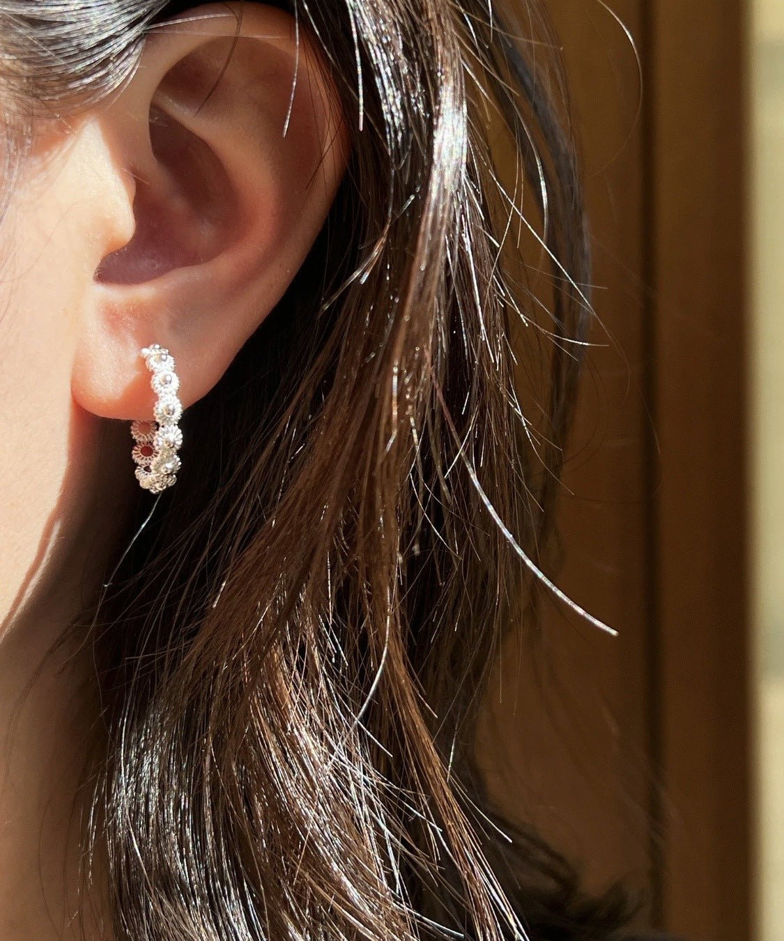 Sterling Silver Floral Hoop C - shaped Earrings - floysun