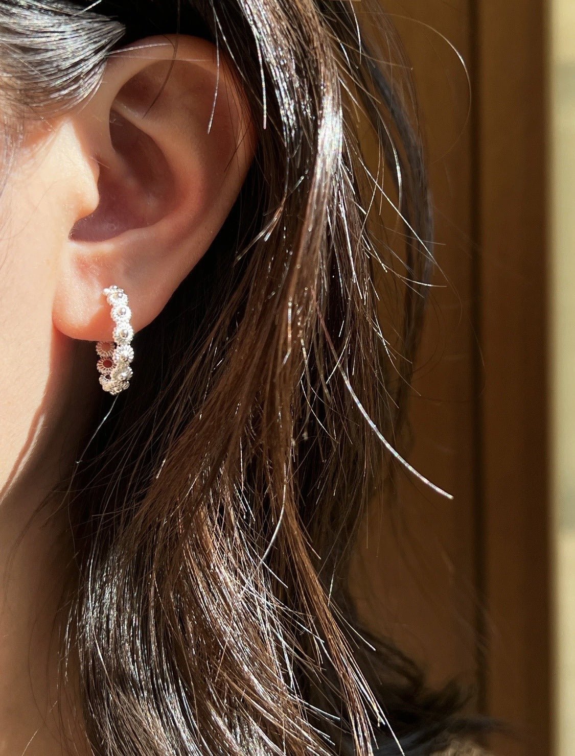 Sterling Silver Floral Hoop C - shaped Earrings - floysun