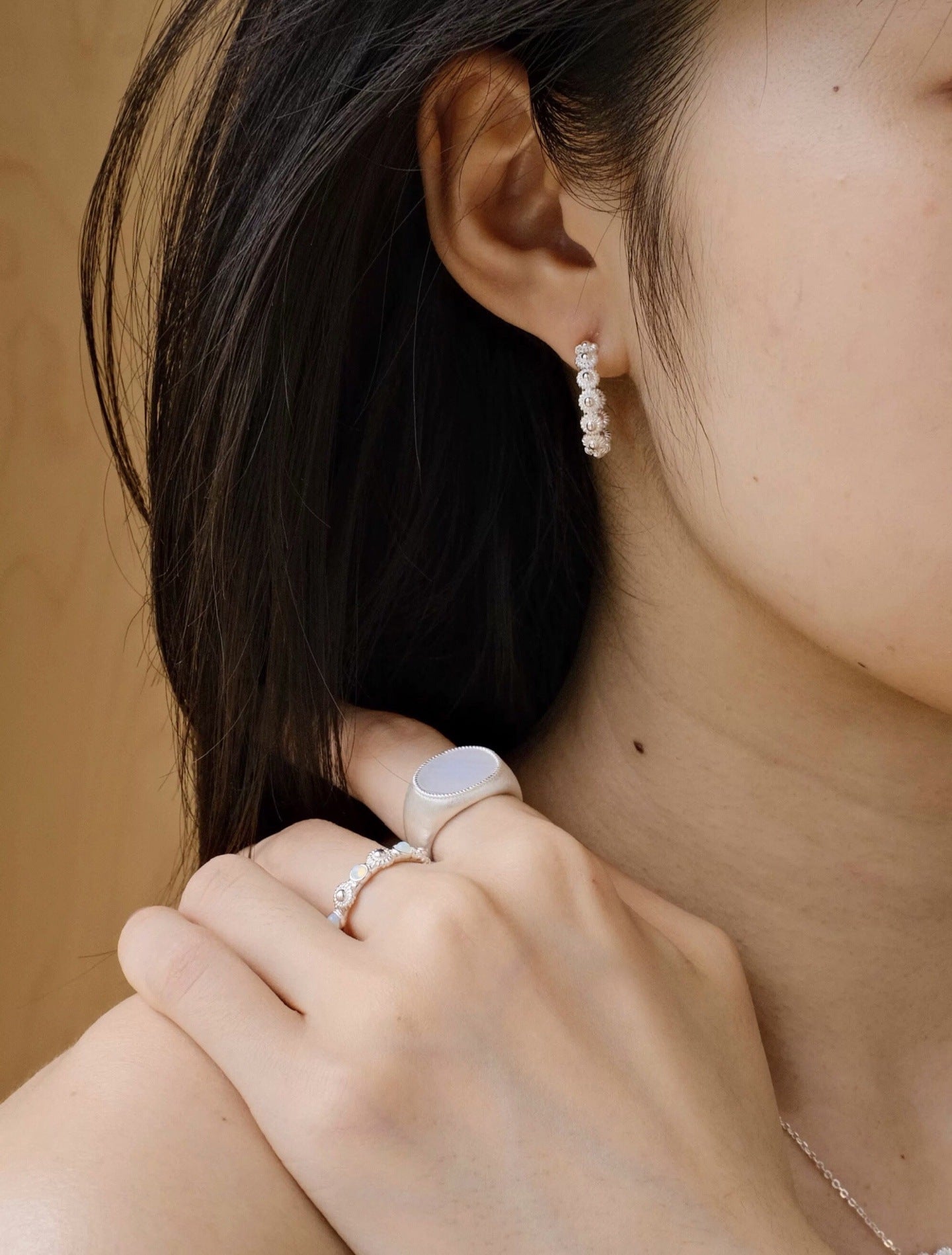 Sterling Silver Floral Hoop C - shaped Earrings - floysun