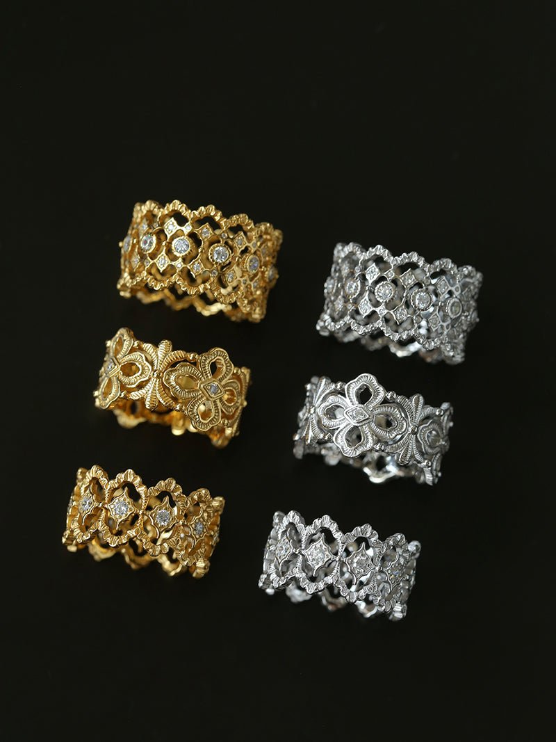 Sterling Silver Hollow Carved Lace Zircon Shiny Ring - Gold - floysun