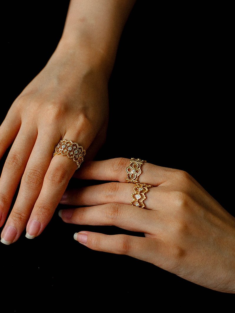 Sterling Silver Hollow Carved Lace Zircon Shiny Ring - Gold - floysun
