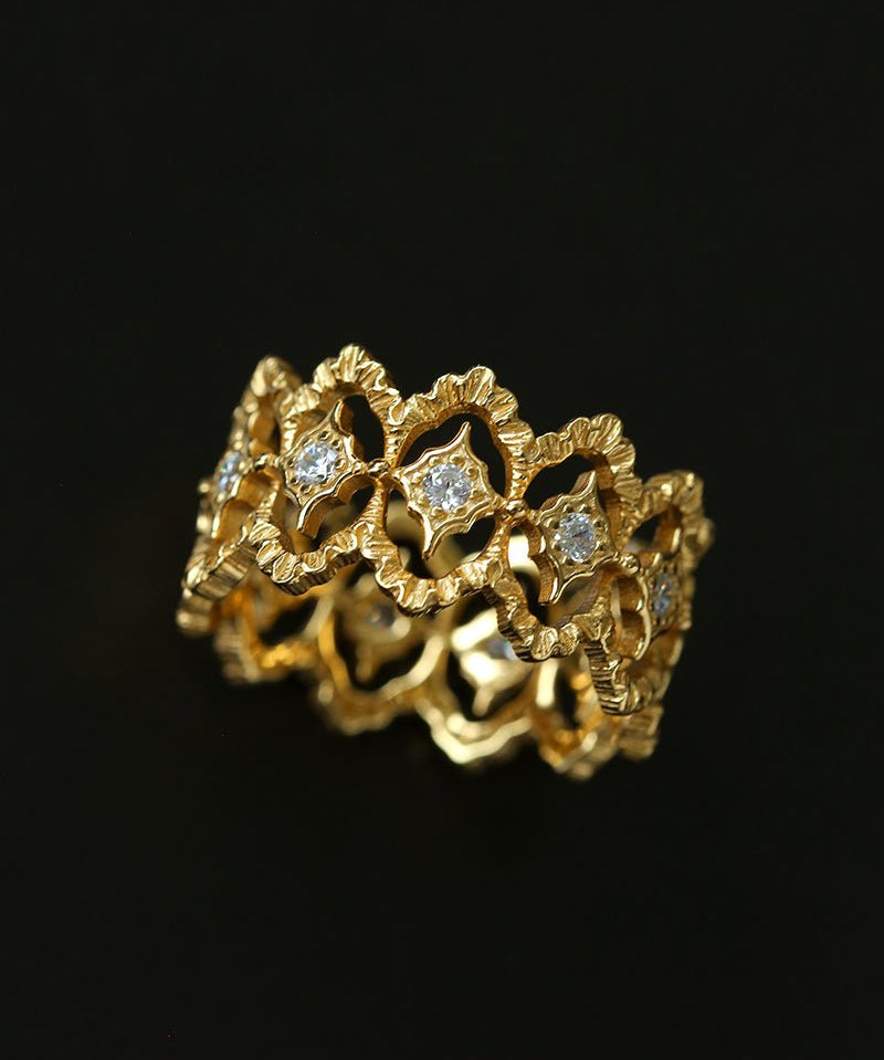 Sterling Silver Hollow Carved Lace Zircon Shiny Ring - Gold - floysun