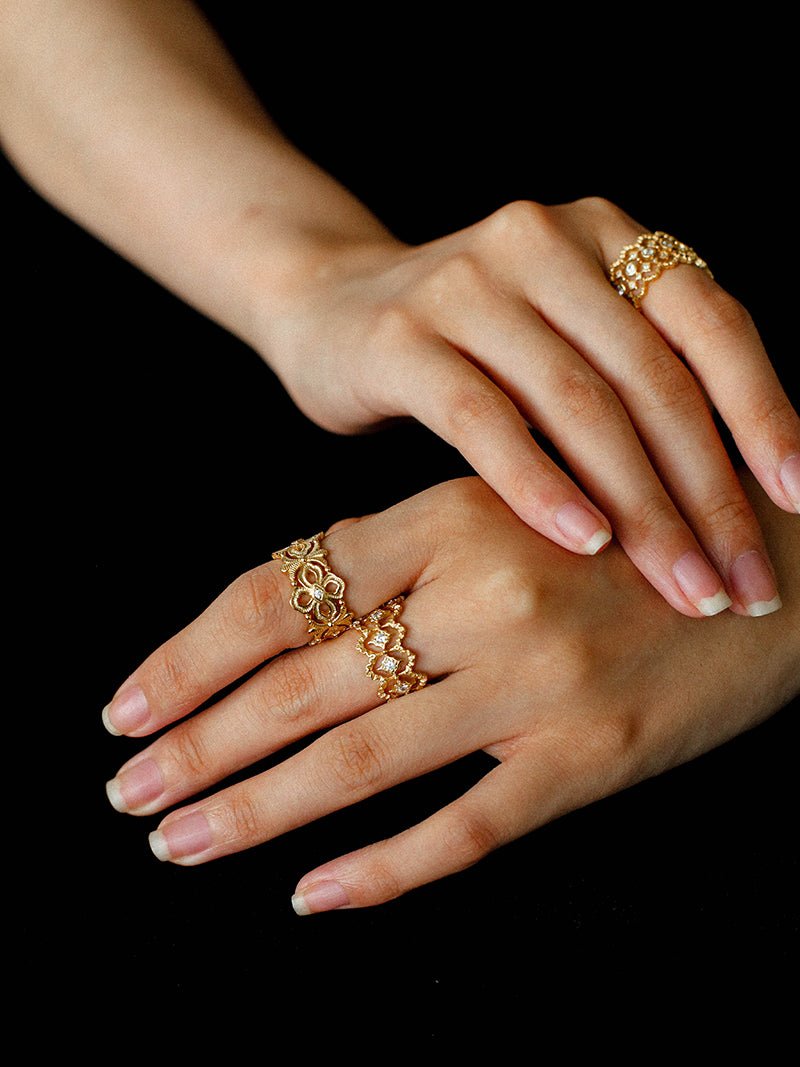 Sterling Silver Hollow Carved Lace Zircon Shiny Ring - Gold - floysun