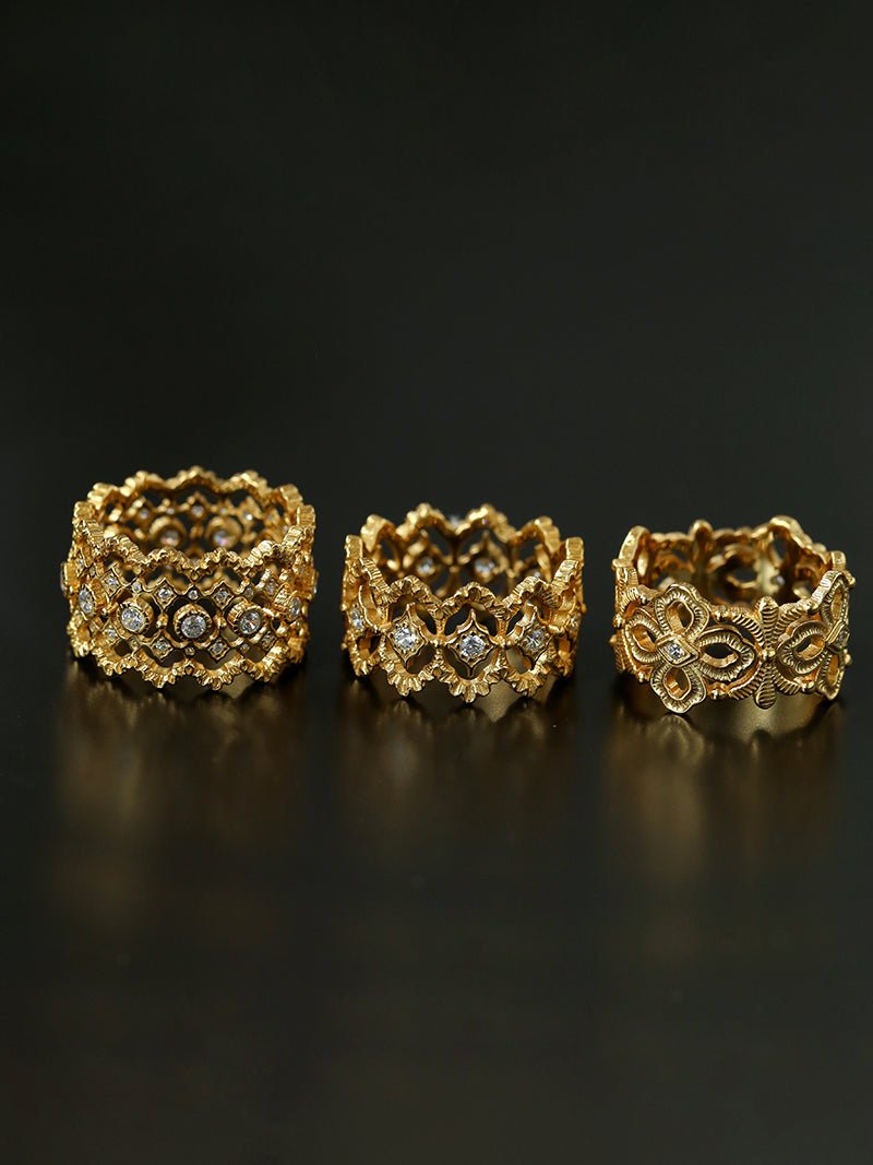 Sterling Silver Hollow Carved Lace Zircon Shiny Ring - Gold - floysun