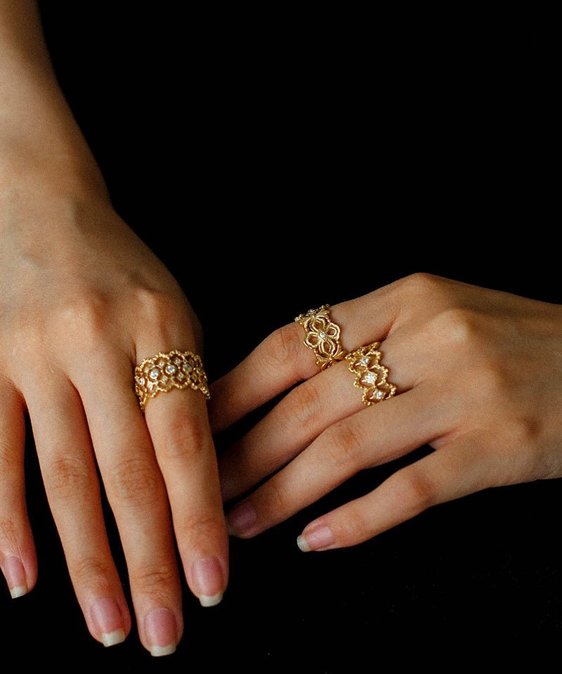 Sterling Silver Hollow Carved Lace Zircon Shiny Ring - Gold - floysun