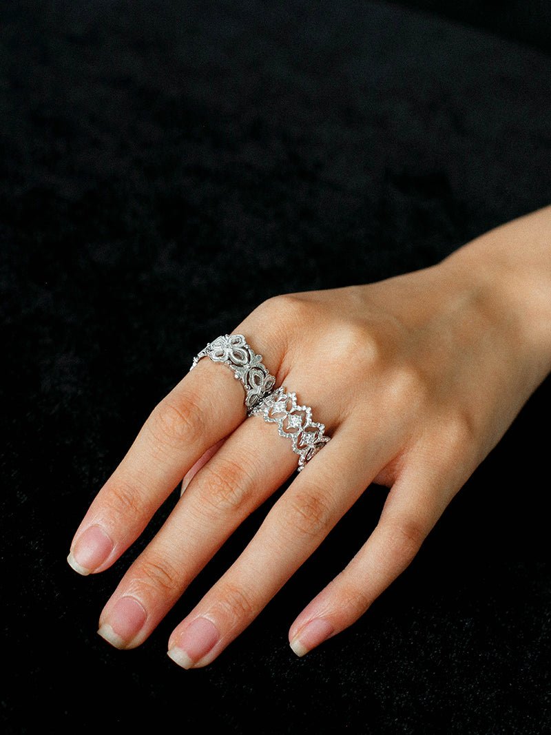 Sterling Silver Hollow Carved Lace Zircon Shiny Ring - Silver - floysun