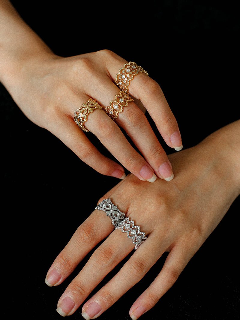 Sterling Silver Hollow Carved Lace Zircon Shiny Ring - Silver - floysun