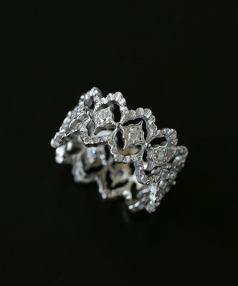 Sterling Silver Hollow Carved Lace Zircon Shiny Ring - Silver - floysun