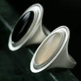 Matte Sterling Silver Series Stellar Ring with Oval Black Onyx/Gray Chalcedony