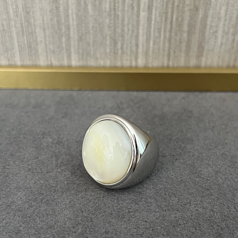 Sterling Silver Round White Mother - of - Pearl Statement Ring - floysun