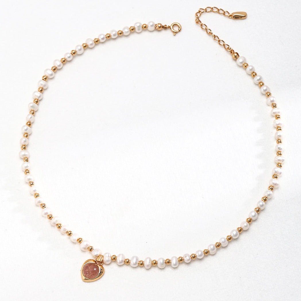 Strawberry Crystal Heart Pendant Pearl Necklace - floysun