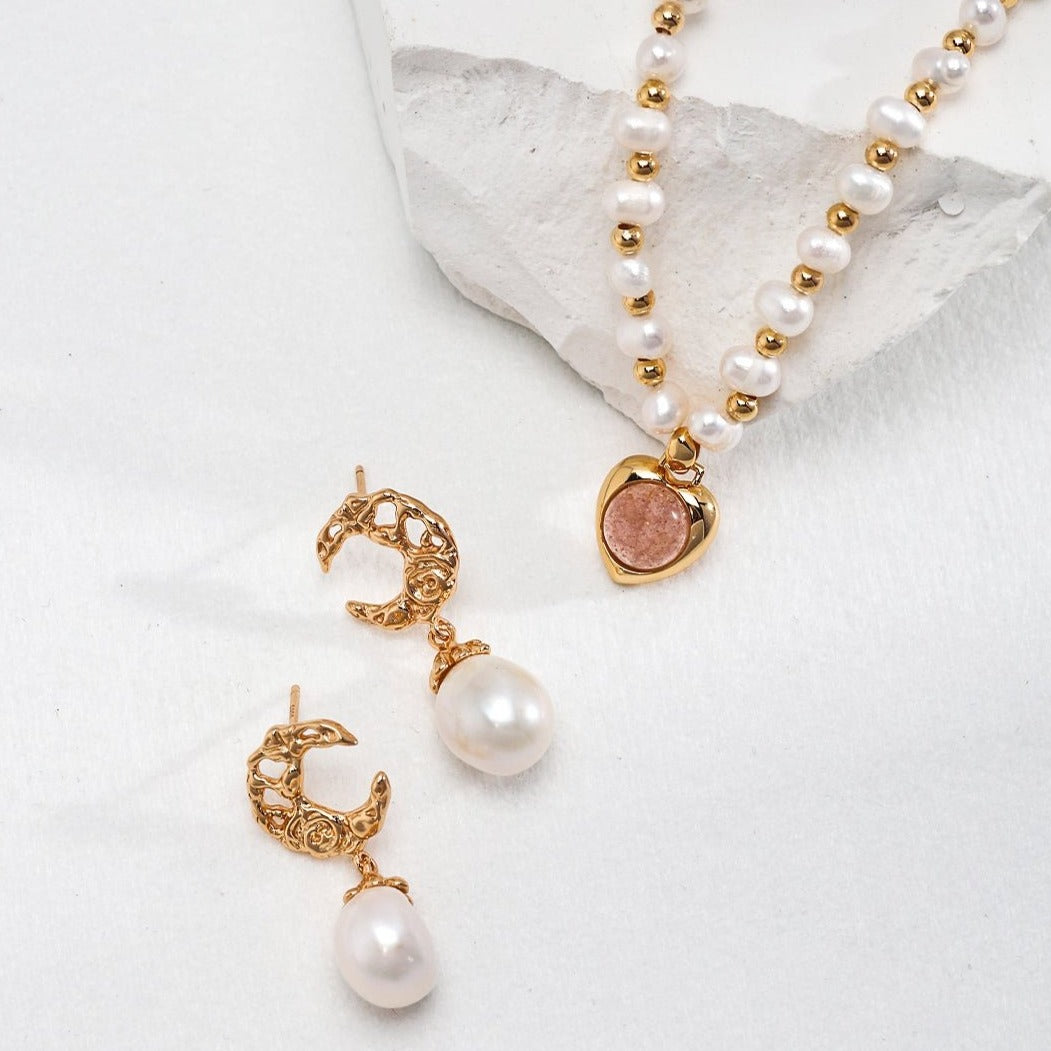 Strawberry Crystal Heart Pendant Pearl Necklace - floysun