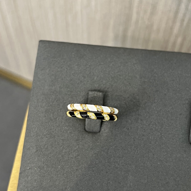 Striped Enamel CZ Stacking Ring - White - floysun