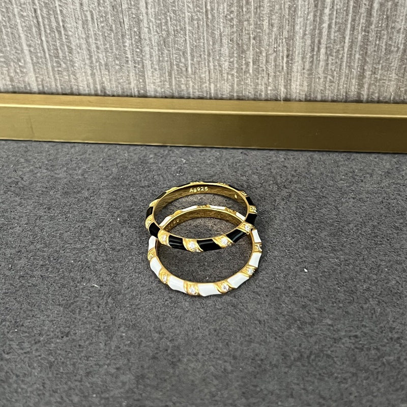 Striped Enamel CZ Stacking Ring - White - floysun