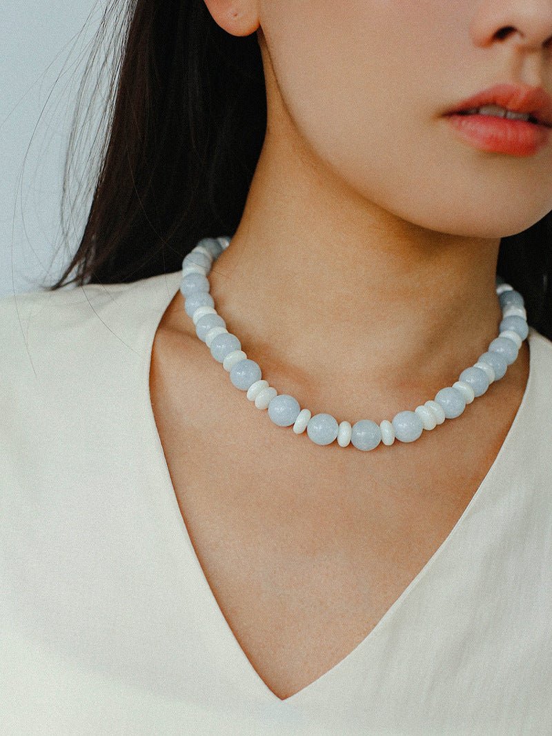 Summer Aquamarine & White Mother of Pearl Beaded Necklace - floysun