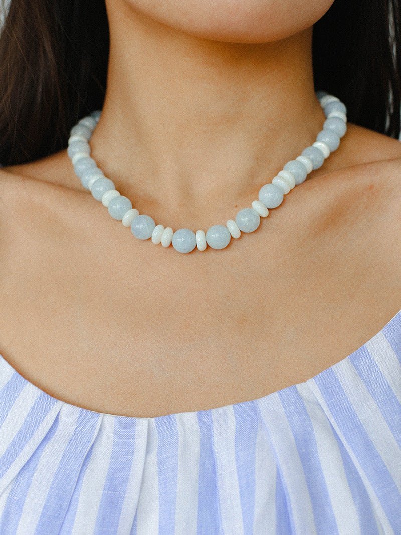 Summer Aquamarine & White Mother of Pearl Beaded Necklace - floysun