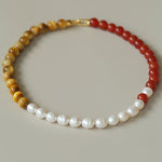 Sun Glow Natural Pearl & Red Agate & Golden Tiger Eye Necklace - floysun