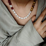 Sun Glow Natural Pearl & Red Agate & Golden Tiger Eye Necklace - floysun