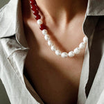 Sun Glow Natural Pearl & Red Agate & Golden Tiger Eye Necklace - floysun