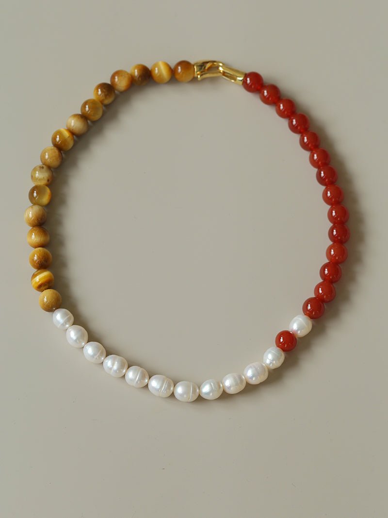 Sun Glow Natural Pearl & Red Agate & Golden Tiger Eye Necklace - floysun