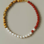 Sun Glow Natural Pearl & Red Agate & Golden Tiger Eye Necklace - floysun