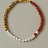Sun Glow Natural Pearl & Red Agate & Golden Tiger Eye Necklace - floysun