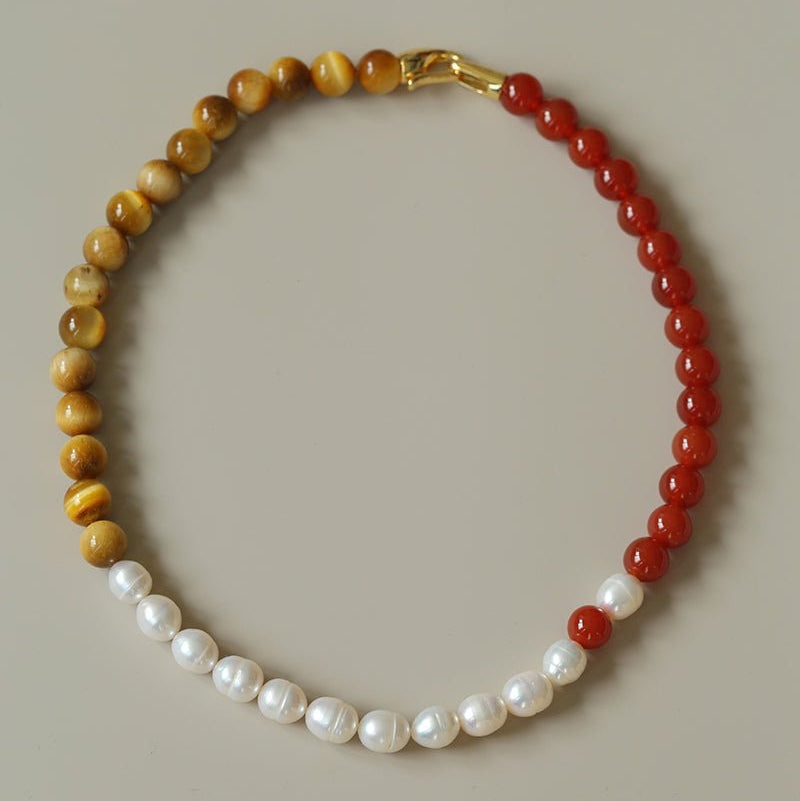 Sun Glow Natural Pearl & Red Agate & Golden Tiger Eye Necklace - floysun