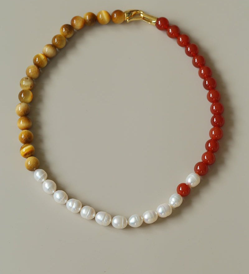 Sun Glow Natural Pearl & Red Agate & Golden Tiger Eye Necklace - floysun