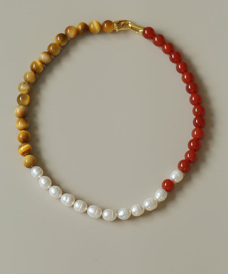 Sun Glow Natural Pearl & Red Agate & Golden Tiger Eye Necklace - floysun