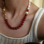 Sun Glow Natural Pearl & Red Agate & Golden Tiger Eye Necklace - floysun