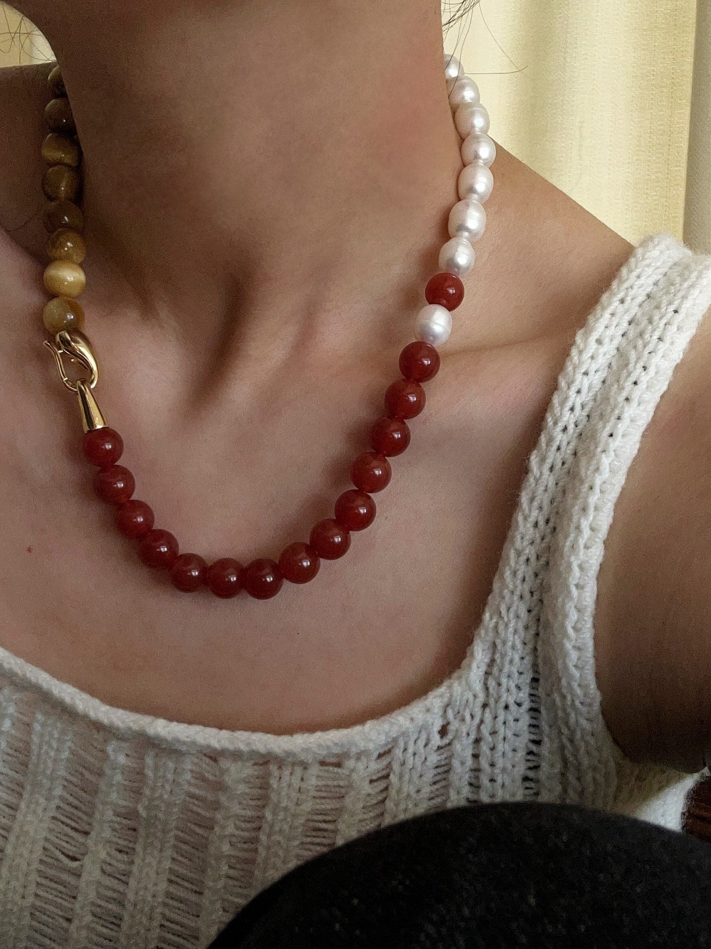 Sun Glow Natural Pearl & Red Agate & Golden Tiger Eye Necklace - floysun