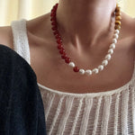 Sun Glow Natural Pearl & Red Agate & Golden Tiger Eye Necklace - floysun