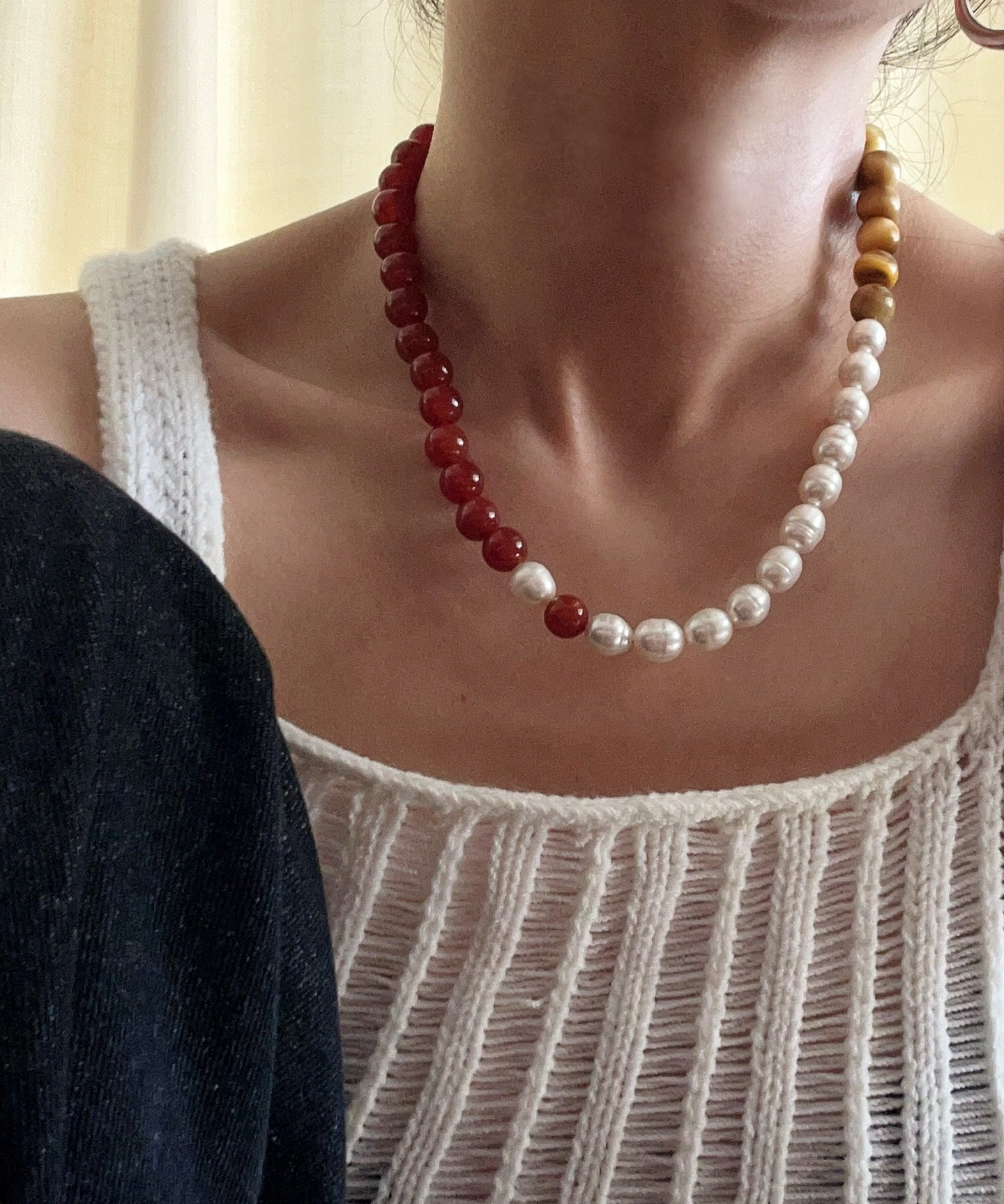 Sun Glow Natural Pearl & Red Agate & Golden Tiger Eye Necklace - floysun