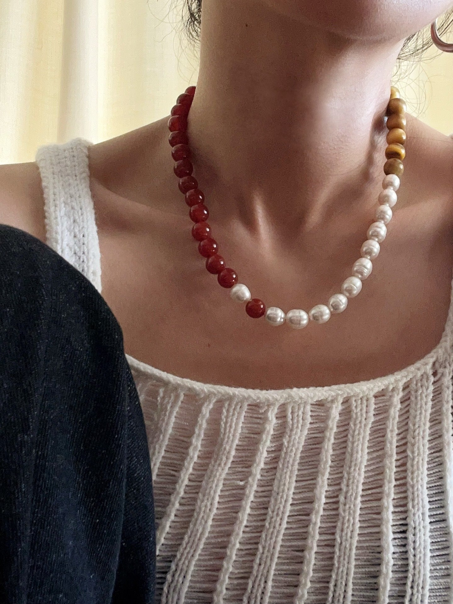 Sun Glow Natural Pearl & Red Agate & Golden Tiger Eye Necklace - floysun