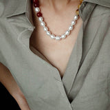 Sun Glow Natural Pearl & Red Agate & Golden Tiger Eye Necklace - floysun