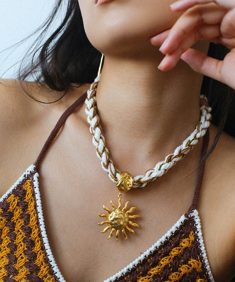 Sunrise Bloom Necklace – Woven Cord & Hammered Gold Sun Pendant - floysun