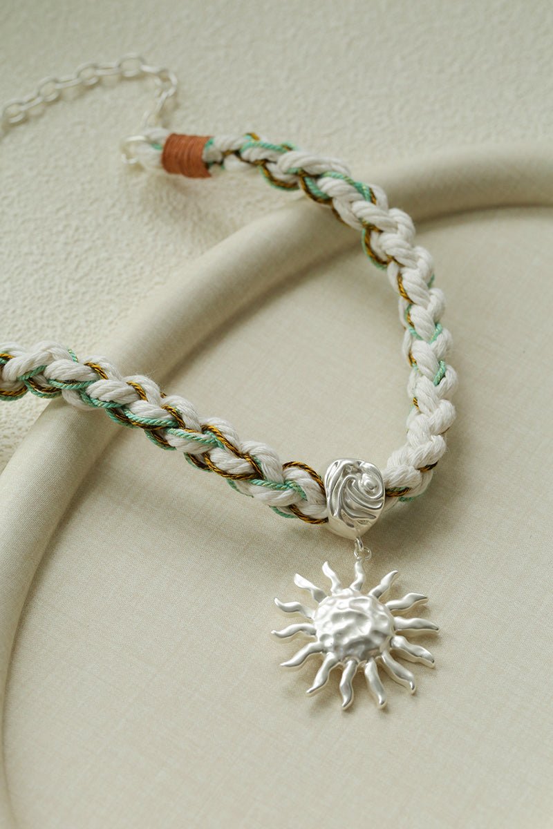Sunrise Bloom Necklace – Woven Cord & Hammered Silver Sun Pendant - floysun