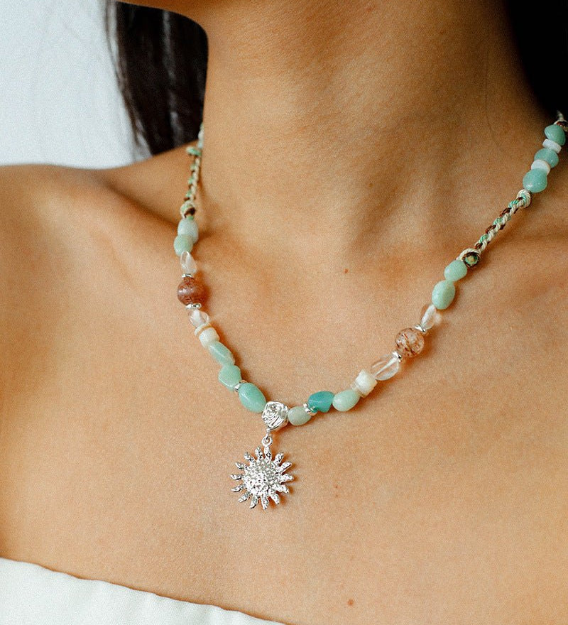 Sunrise Braided Rope Necklace - Silver Blue Amazonite - floysun