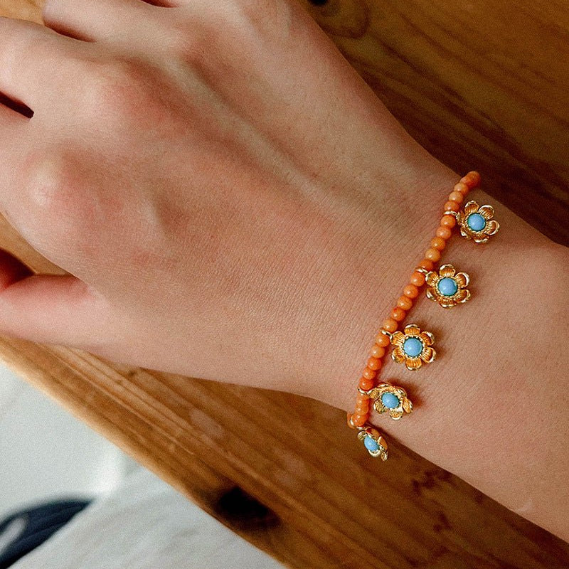 Sunset Coral & Turquoise Mini Flower Bracelet - floysun