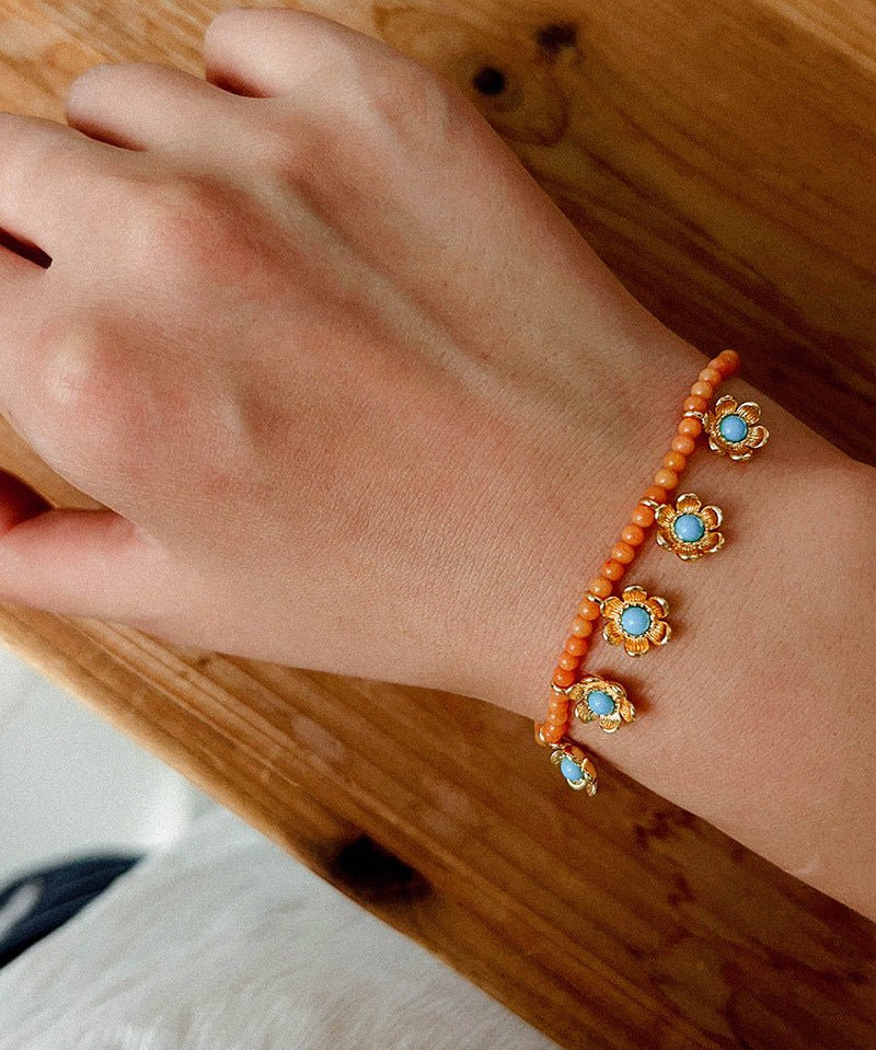 Sunset Coral & Turquoise Mini Flower Bracelet - floysun