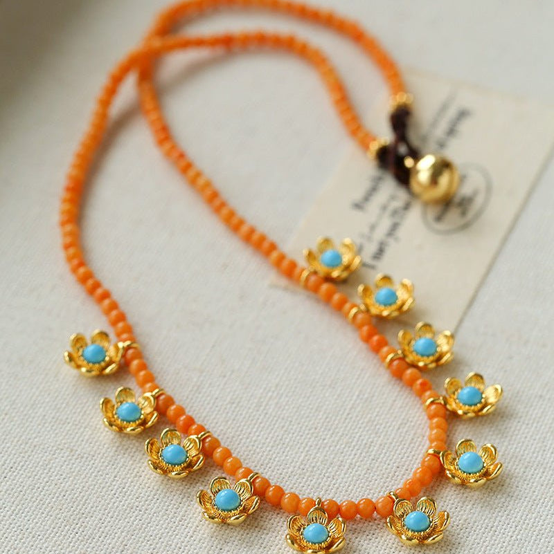 Sunset Coral & Turquoise Mini Flower Necklace - floysun