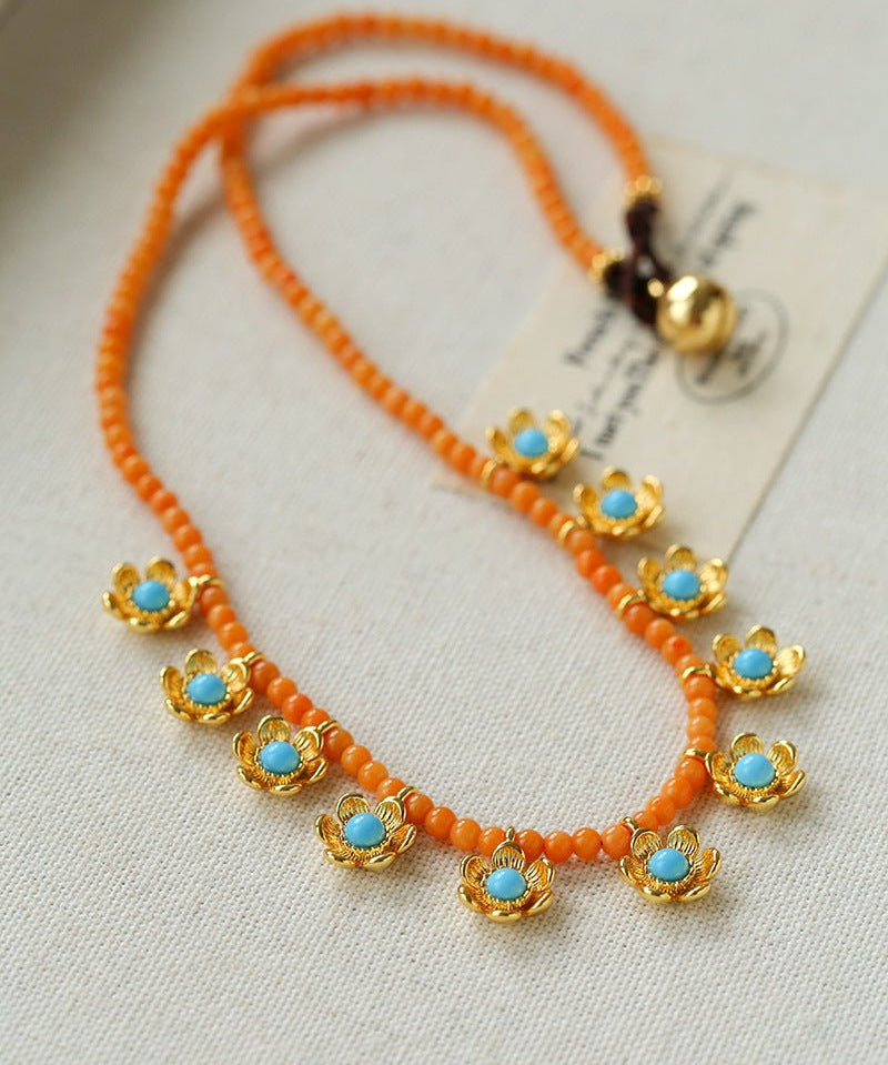 Sunset Coral & Turquoise Mini Flower Necklace - floysun
