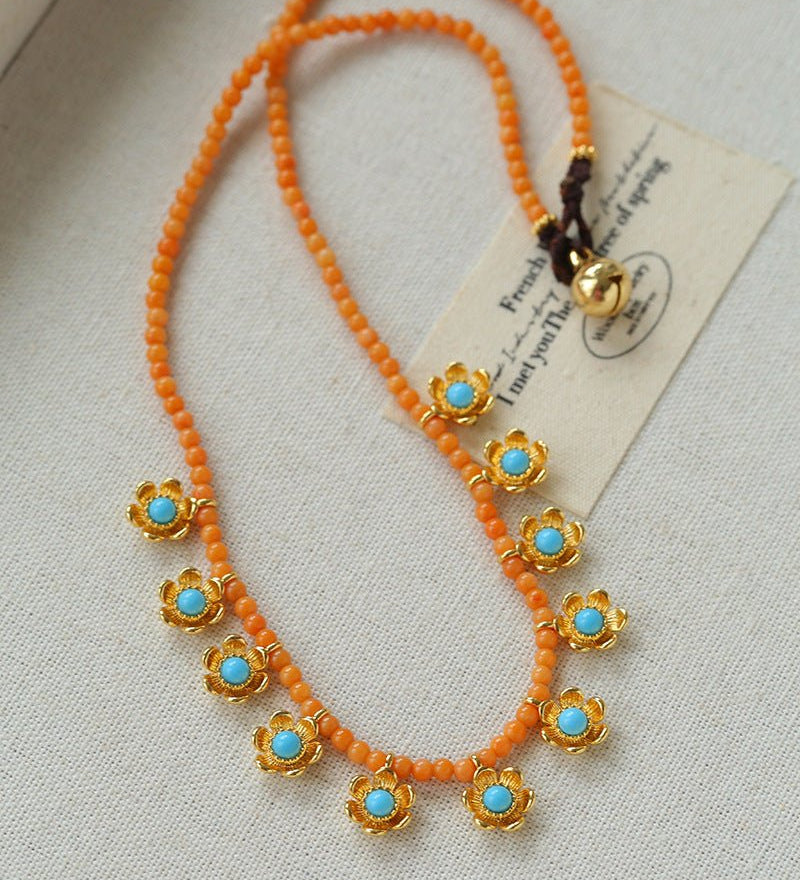 Sunset Coral & Turquoise Mini Flower Necklace - floysun