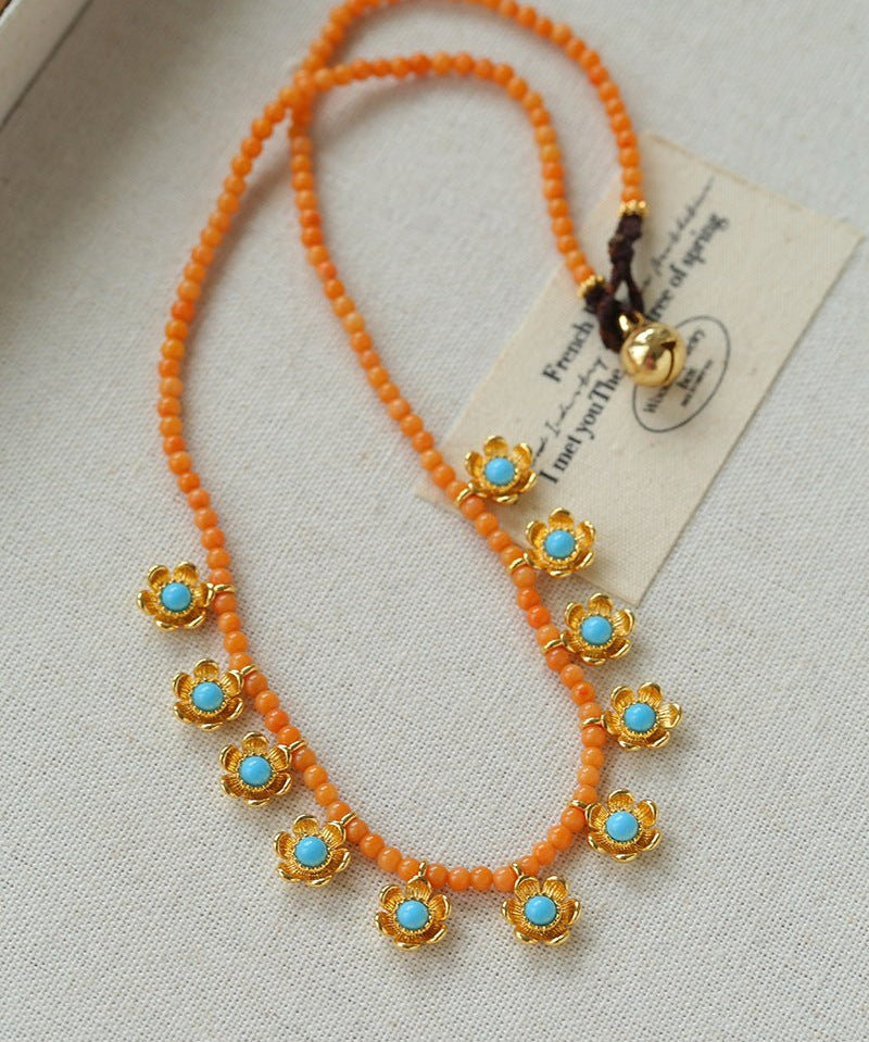 Sunset Coral & Turquoise Mini Flower Necklace - floysun