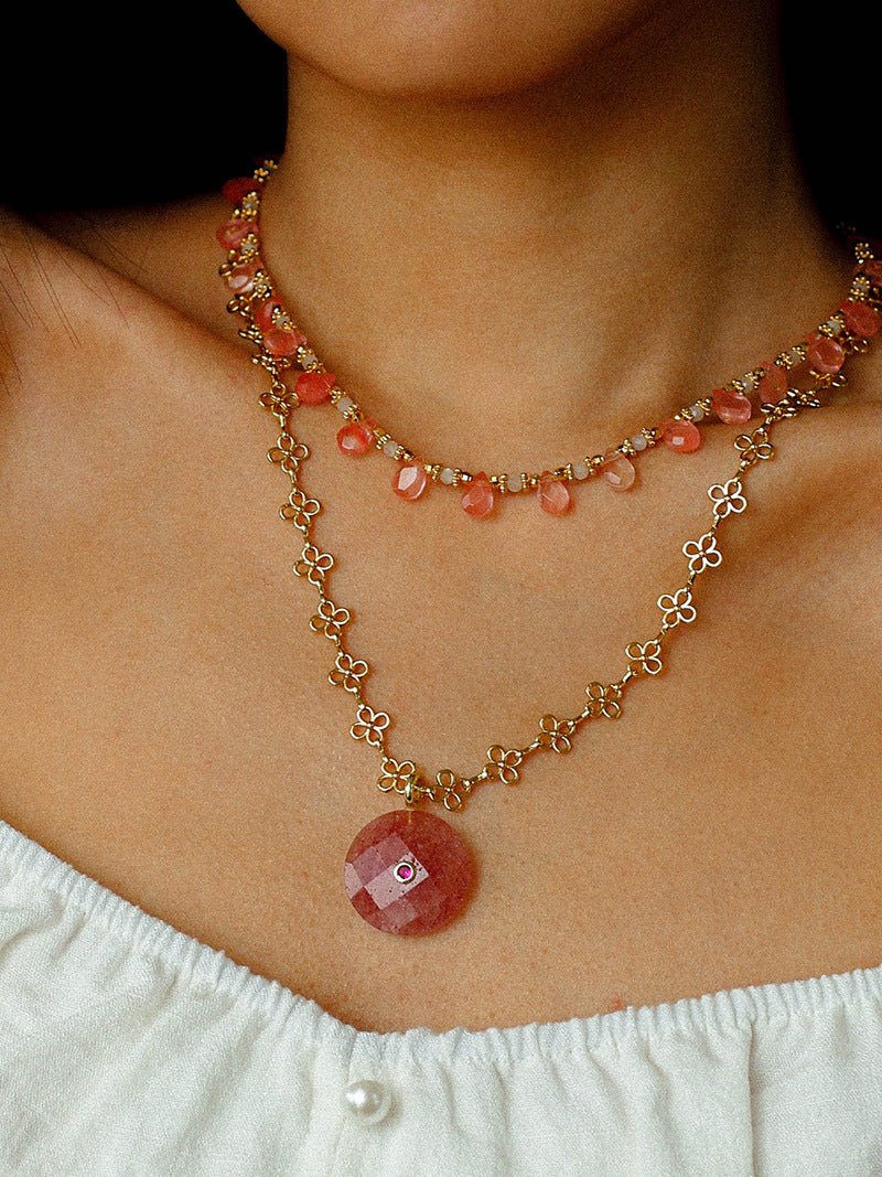 Sunset Dewdrop Necklace | Watermelon Quartz & Moonstone Fringe - floysun